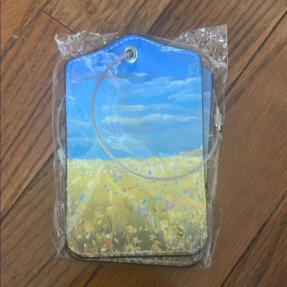 Blue and Yellow Floral Luggage Tag with stainless steel loop (set of two tags)